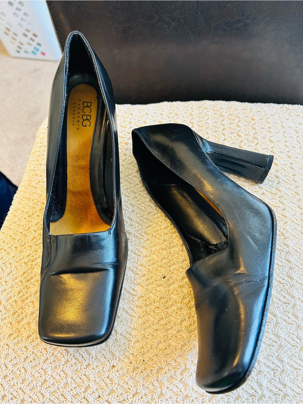 BCBG Black Leather Square-Toe Block Heel Pumps